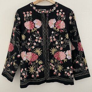 Bedford Fair Women's XSP Black Floral Embroidered Jacket Boho Cottagecore 90s